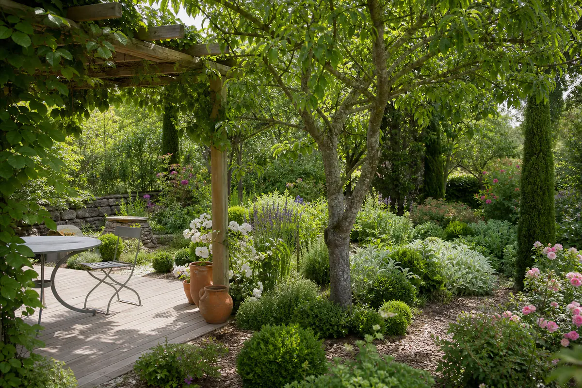 Terrasse de jardin française ombragée par une pergola végétalisée, arbre caduc et massifs paillés