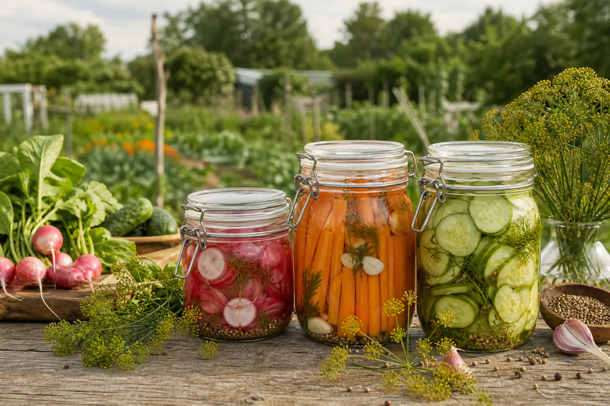 Bocaux de pickles de concombre, carotte et radis préparés avec des légumes fraîchement récoltés au potager