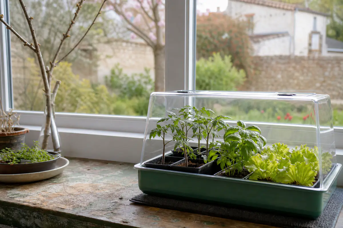 Mini-serre de semis transparente sur un rebord lumineux, avec godets étiquetés et jeunes plantules vigoureuses