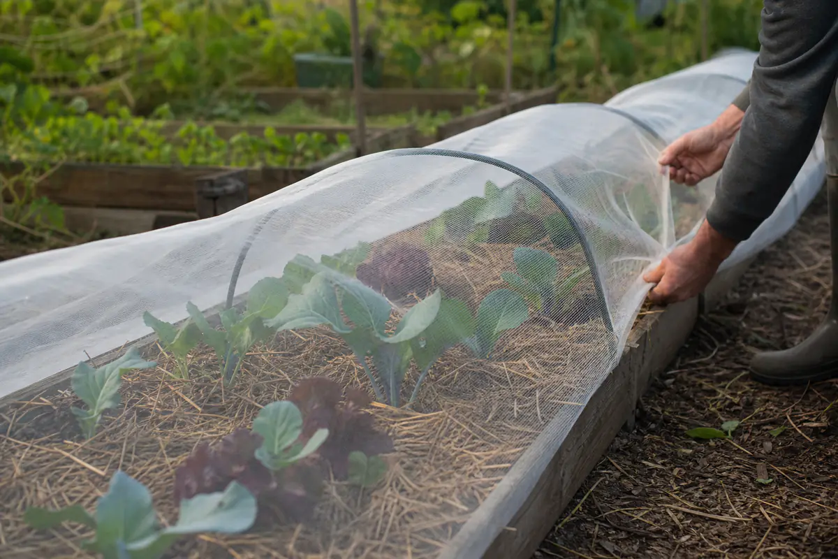Potager français protégé par un filet anti-insectes sur arceaux, avec salades et choux paillés