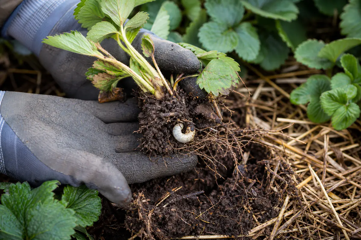 Larve blanche recourbée découverte dans les racines d’un fraisier au potager, près d’un collet abîmé