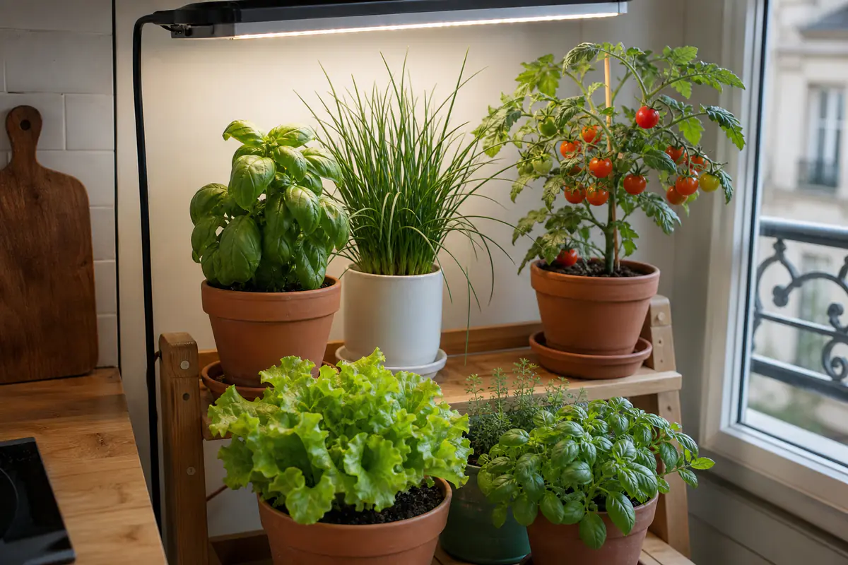 Étagère lumineuse dans une cuisine française avec basilic, laitues et tomates cerises cultivés en pots
