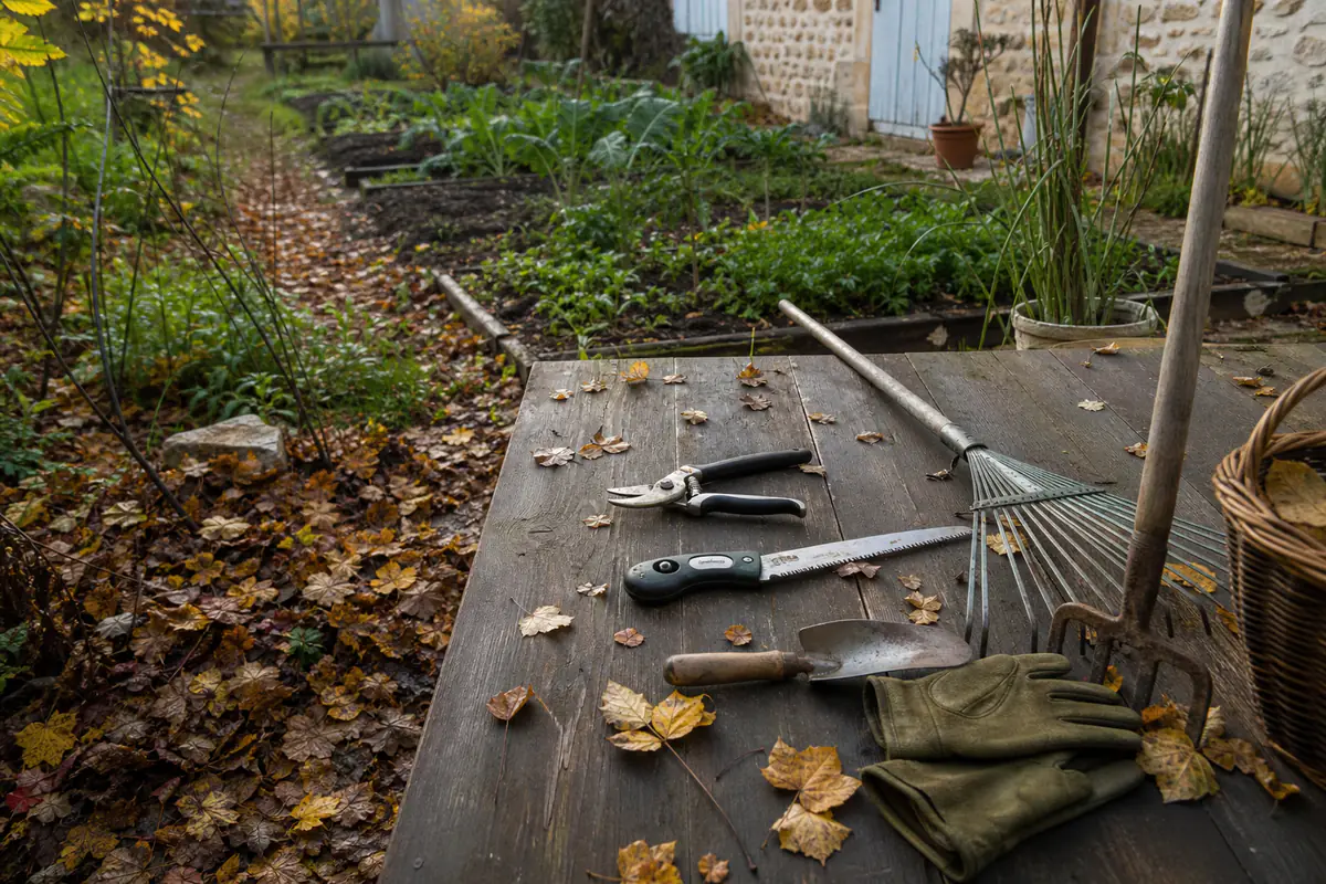 Outils manuels rangés sur un établi de jardin, avec feuilles d’automne et fourche-bêche prête à l’emploi
