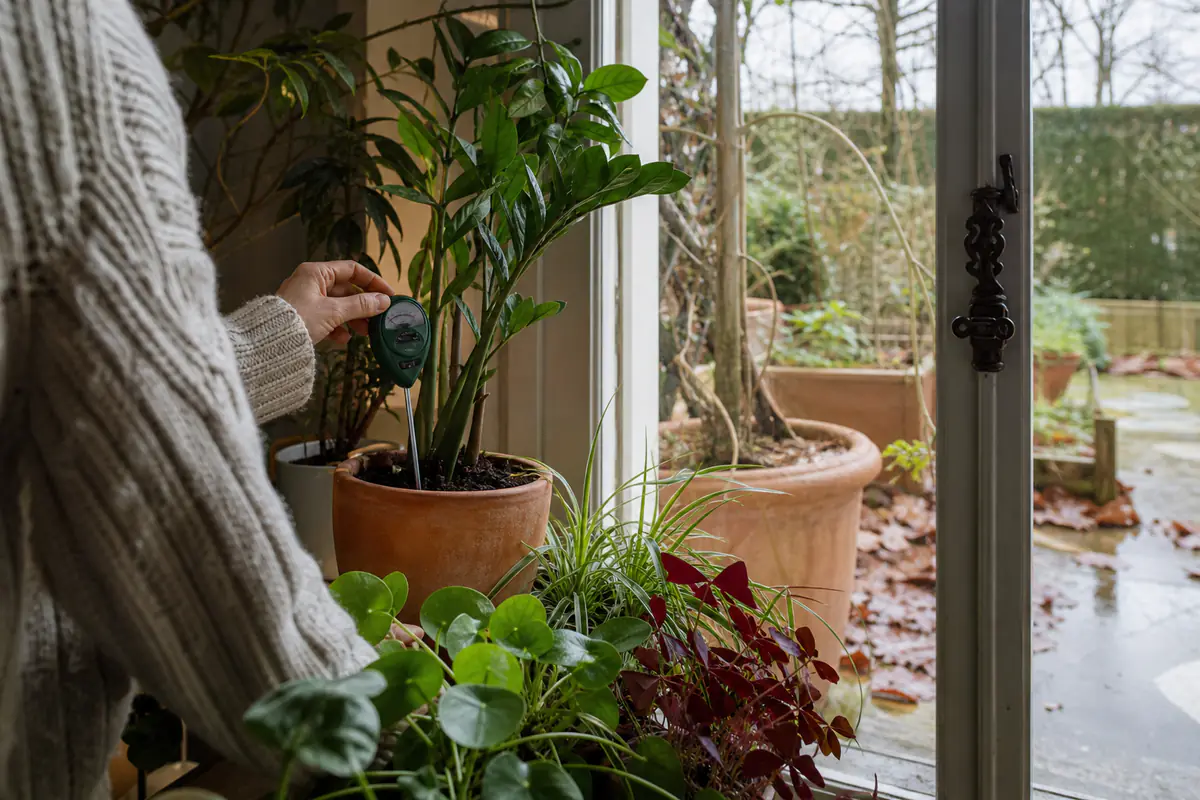 Plantes d’intérieur près d’une fenêtre lumineuse et pots protégés du froid sur une terrasse en décembre