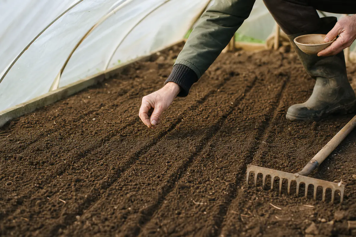 Semis de carottes en janvier dans une planche de potager fine et drainée sous un tunnel transparent