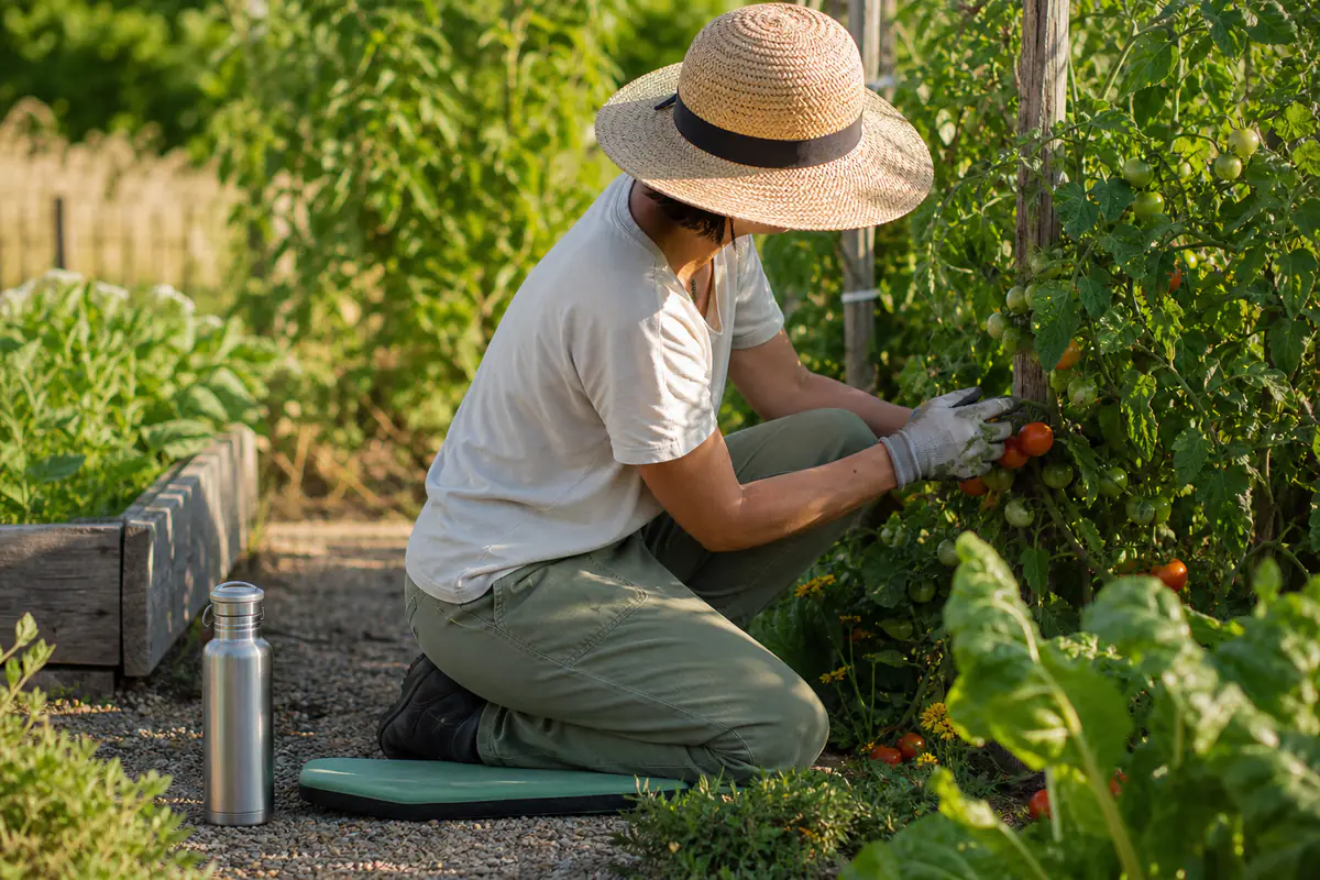 Jardinier équipé d’un chapeau à large bord, de gants et d’une gourde dans un potager estival ombragé