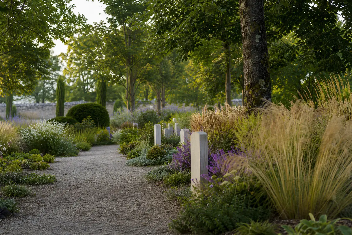 Allée de cimetière végétalisée avec vivaces fleuries, arbres d’ombre et bordures de paillage soignées