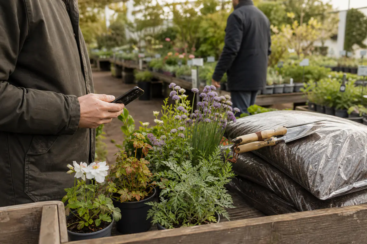 Client préparant le retrait de plantes et de sacs de terreau dans une jardinerie française lumineuse