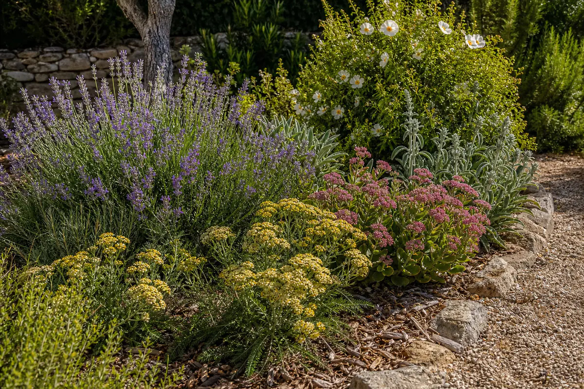 Massif de lavandes, achillées et sedums paillé dans un jardin français durant un été sec et lumineux