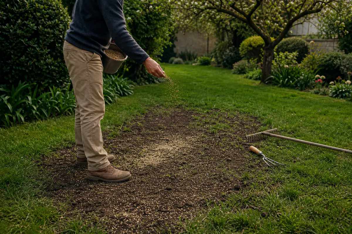 Jardinier regarnissant une pelouse clairsemée en avril avec des semences sur un sol ratissé