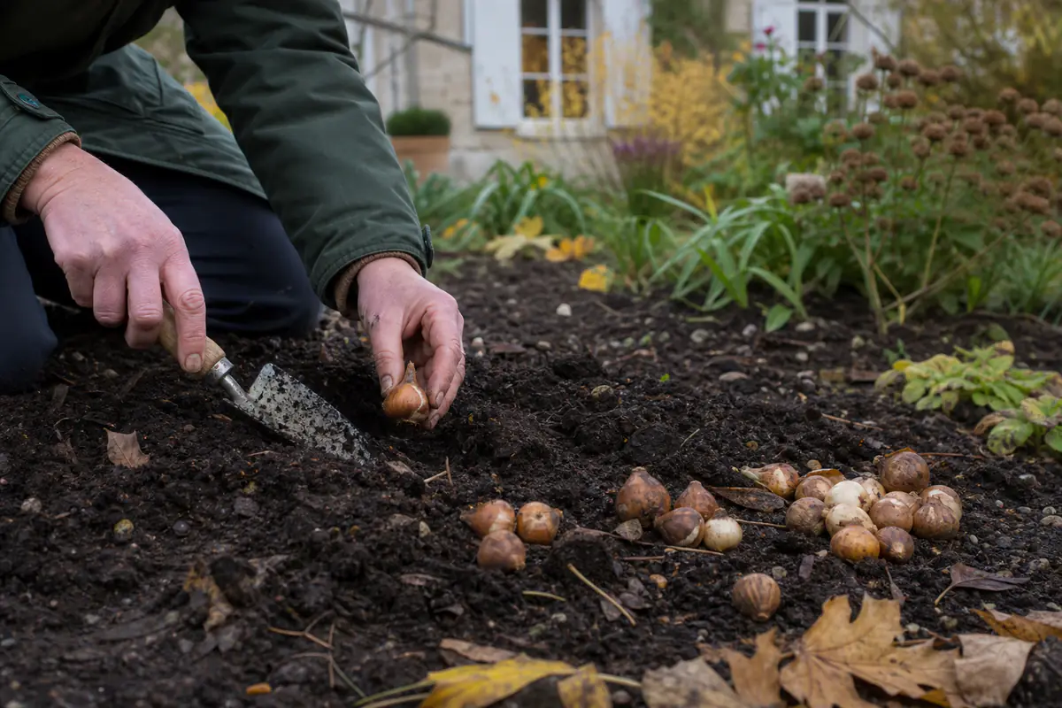 Plantation de bulbes de tulipes et de narcisses dans un massif français à la lumière douce d’automne