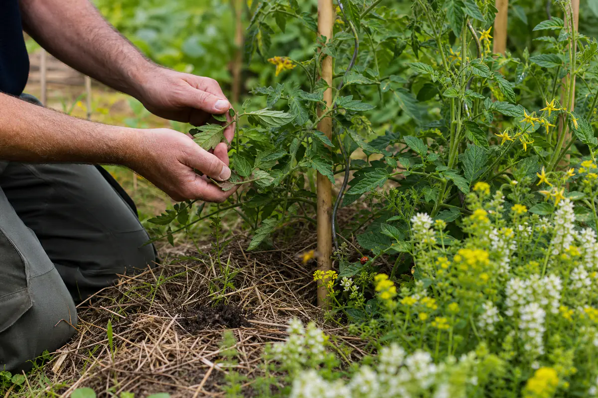 Jardinier observant des feuilles de tomate dans un potager fleuri et paillé, avec des auxiliaires visibles