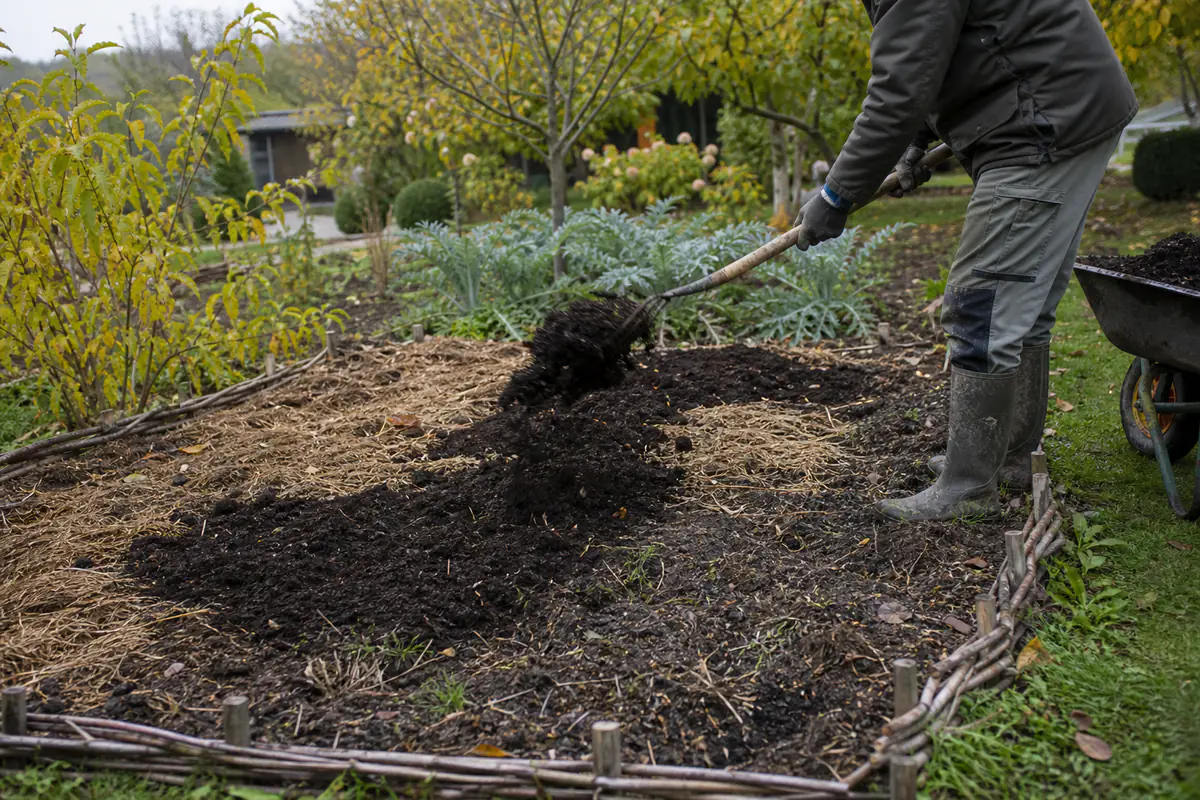 Jardinier étalant du compost sur un potager paillé, avec arbres et arbustes aux couleurs d’automne
