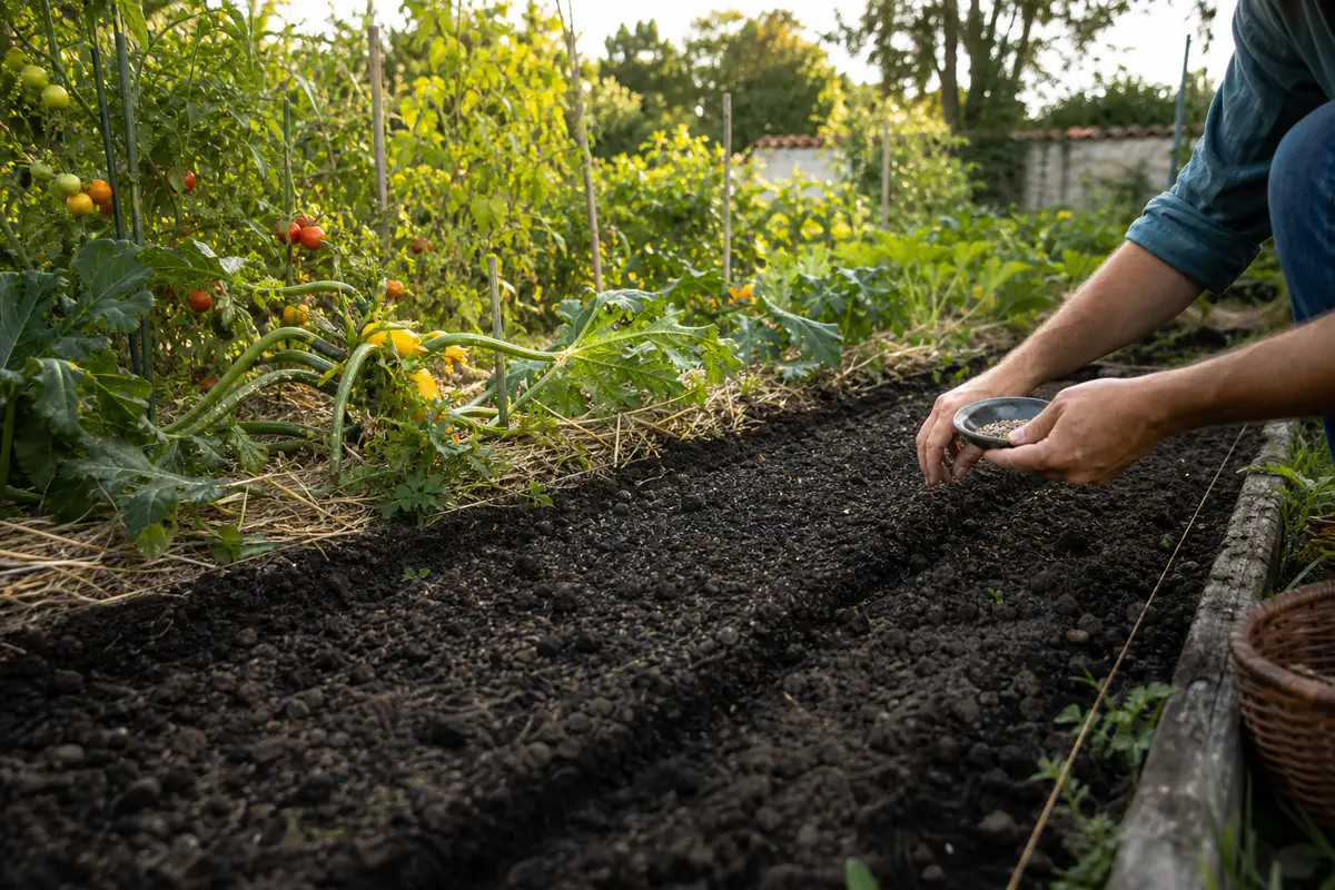 Potager français en août avec tomates, haricots et semis de mâche fraîchement arrosés au soleil doux
