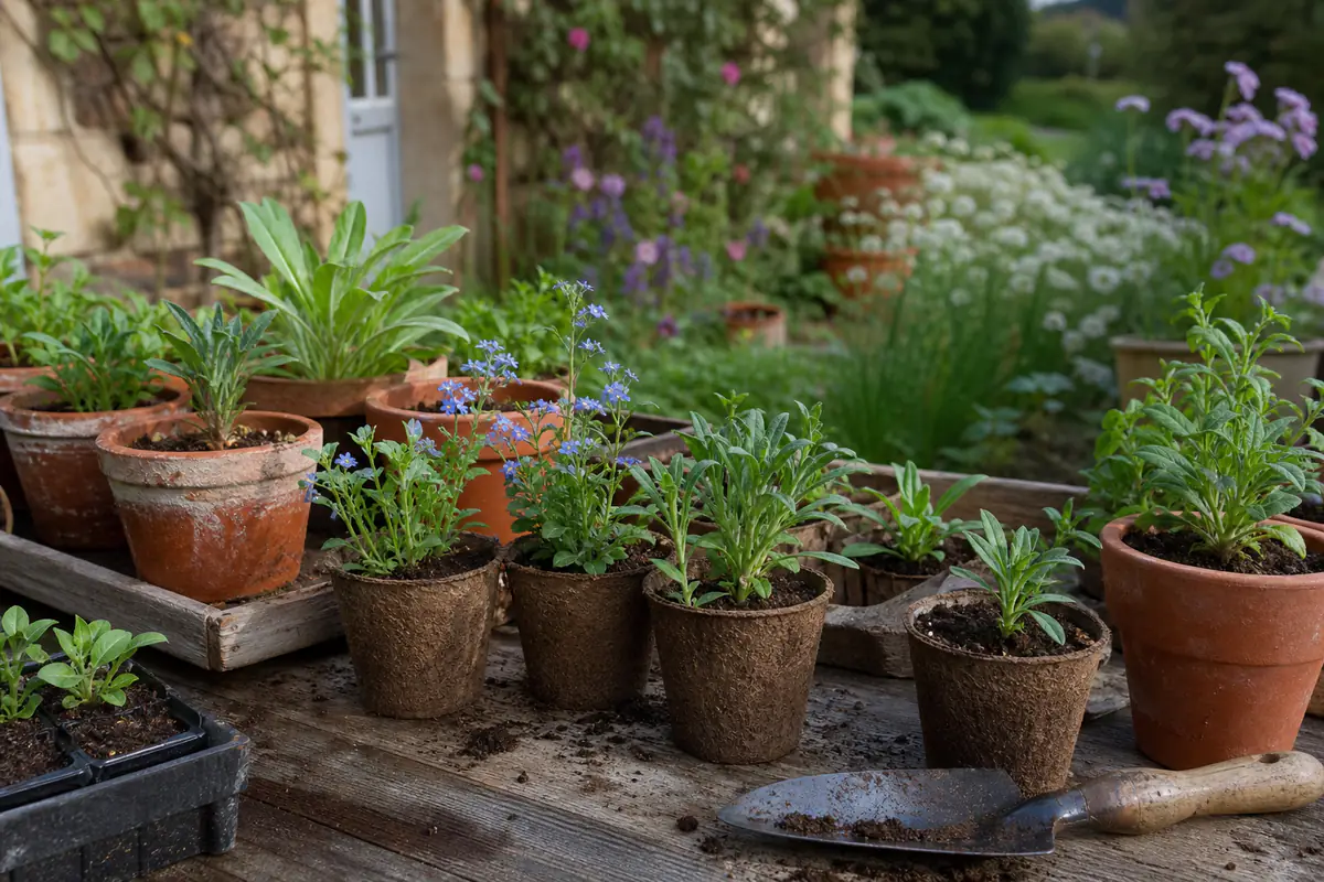 Jeunes semis de giroflées, myosotis et bleuets en godets, prêts à fleurir un jardin au printemps