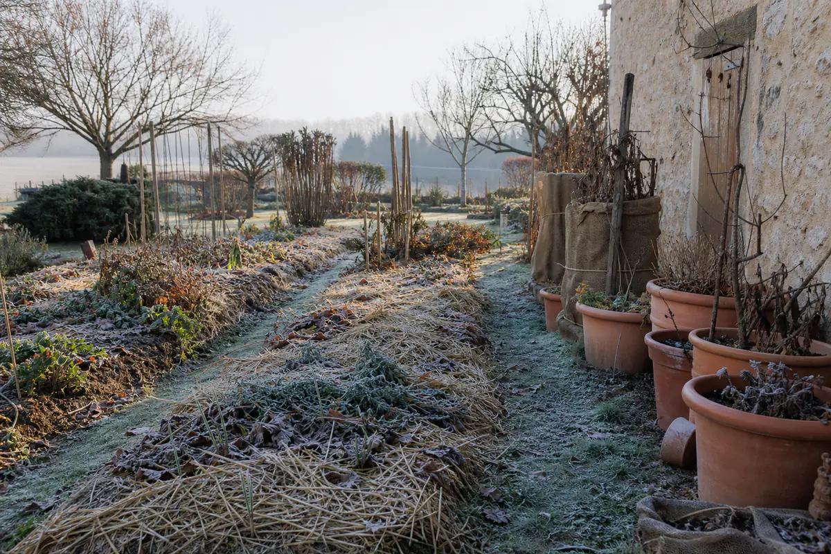Jardin français en hiver avec potager paillé, vivaces sèches et pots protégés près d’un mur ensoleillé