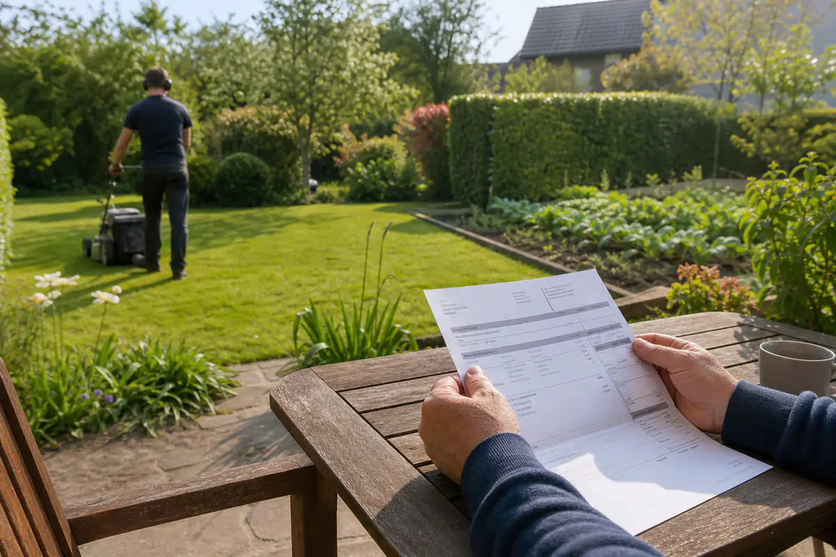Jardinier tondant une pelouse près de haies entretenues dans le jardin d’une maison française