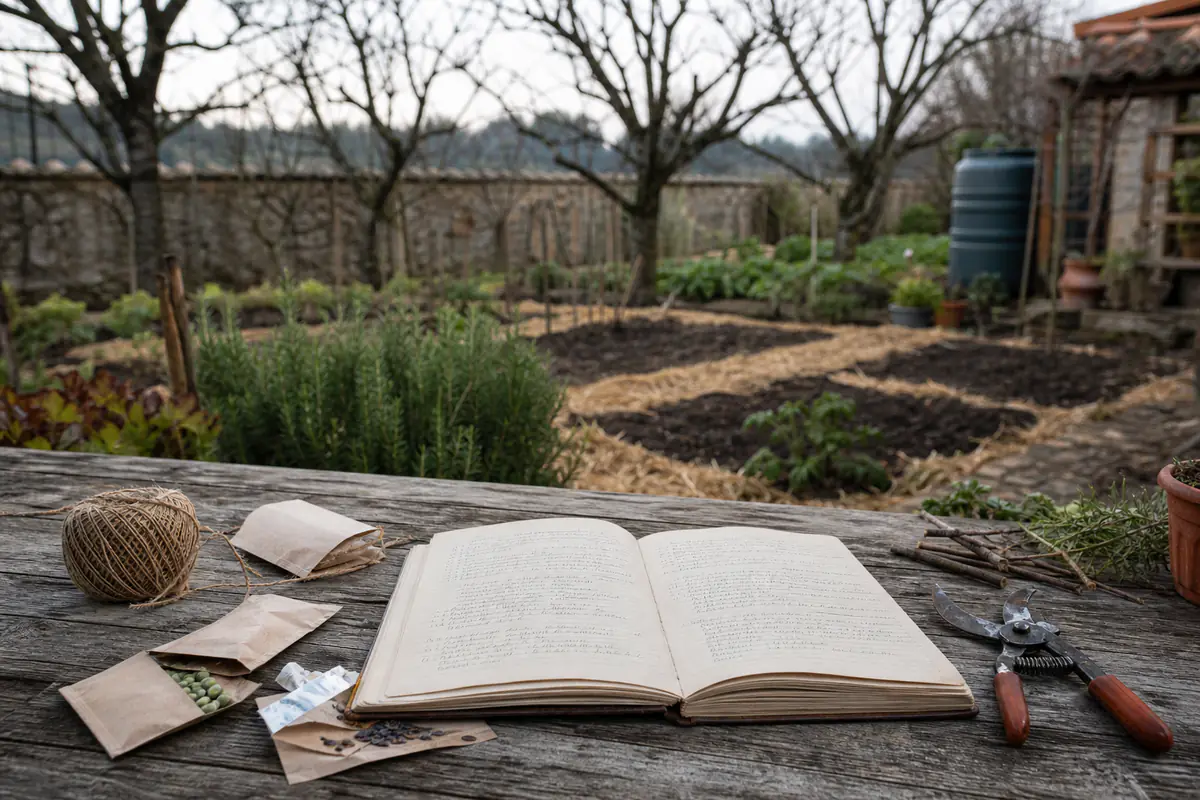 Carnet ouvert sur une table de jardin, graines et outils près d’un potager paillé pendant l’hiver