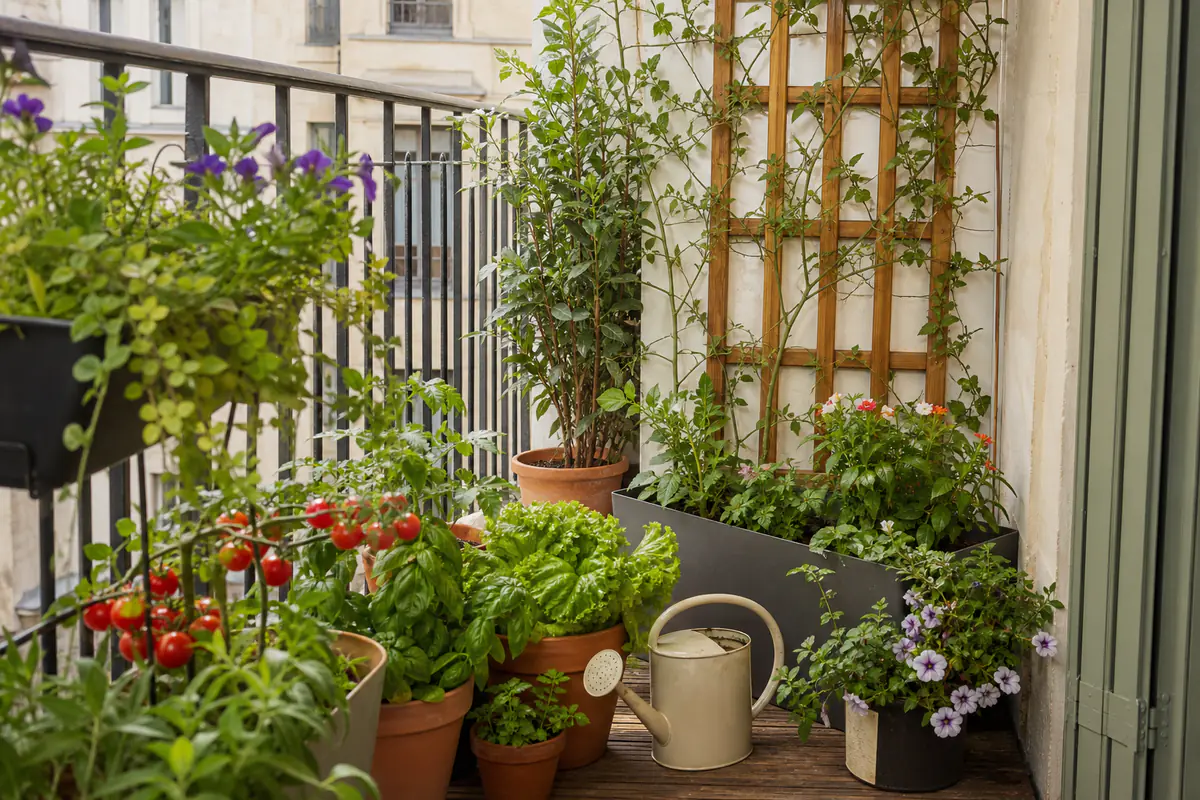 Balcon urbain français végétalisé avec bacs de tomates, aromatiques, salades et fleurs au soleil doux