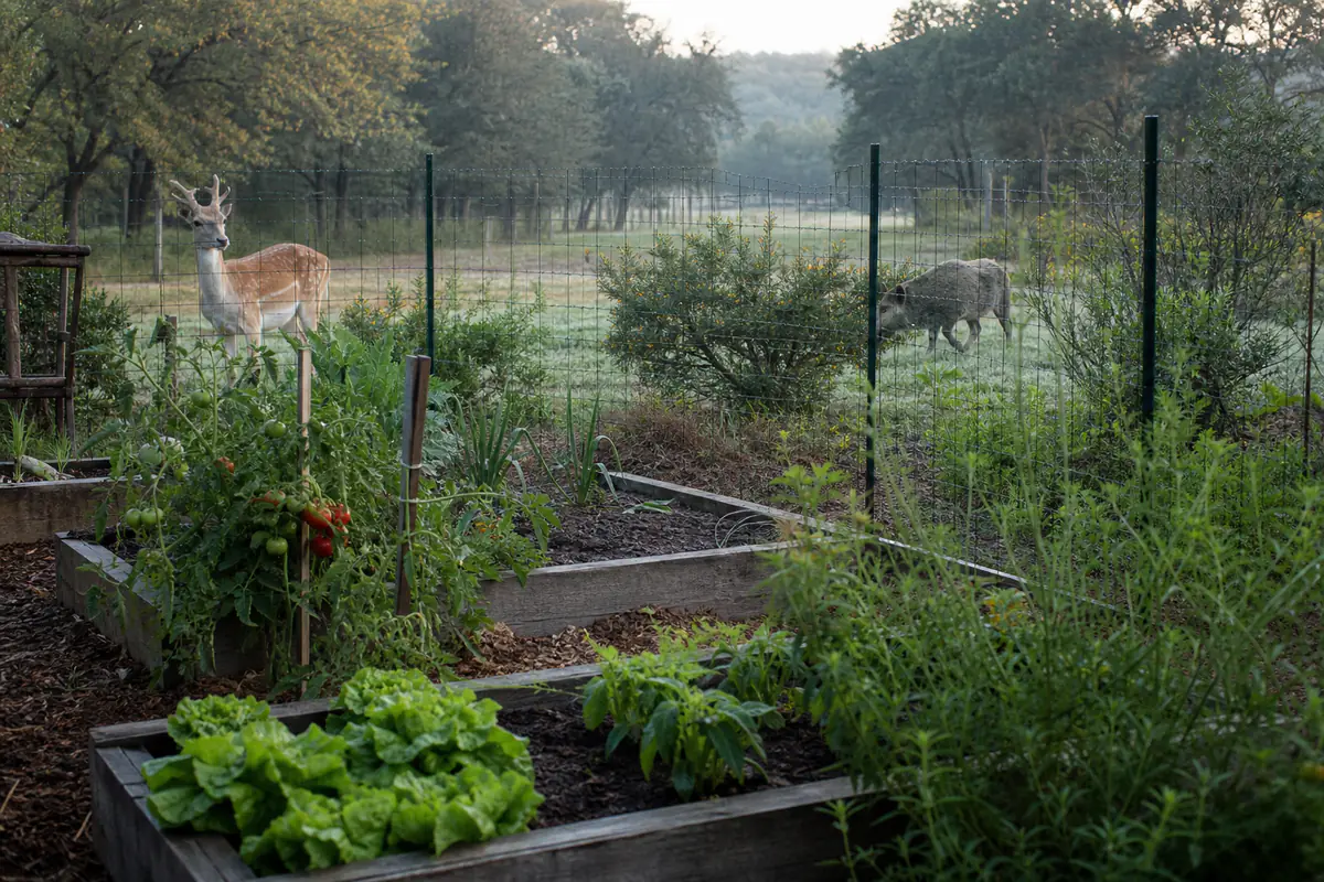 Potager français clos par un grillage haut, avec daims et pécaris observés à distance dans une lisière végétale.