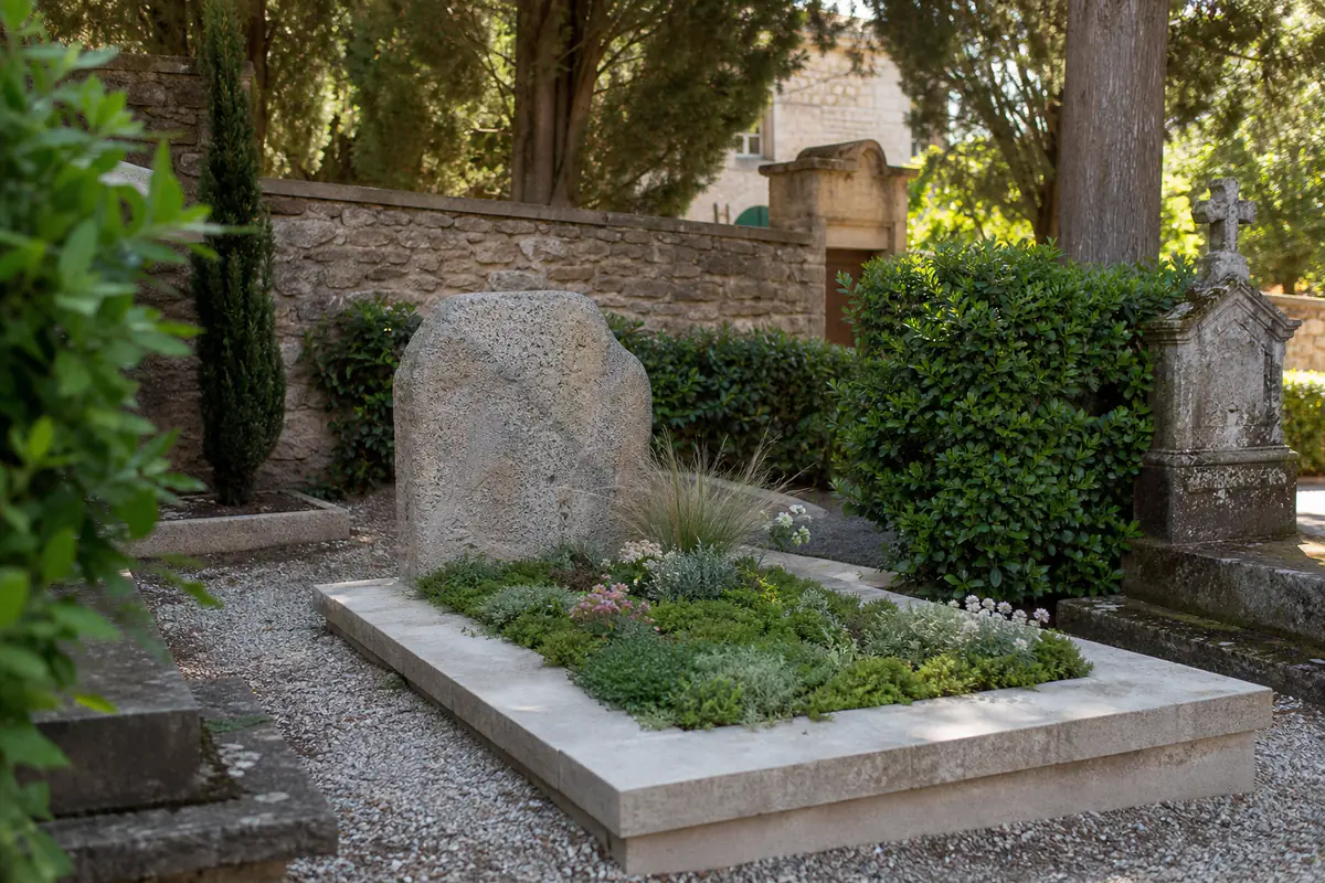 Tombe fleurie sobrement dans un cimetière français, bordée de vivaces basses et d’allées gravillonnées