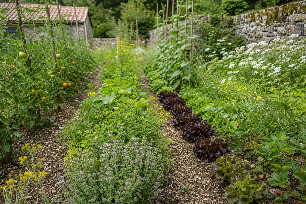 Planche de légumes bordée d’origan, d’achillée et de fleurs indigènes dans un jardin français ensoleillé.