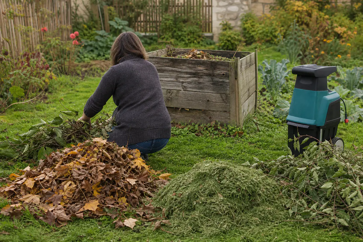 Tas de branches et de feuilles destiné au broyage dans un jardin français, près d’un composteur en bois.