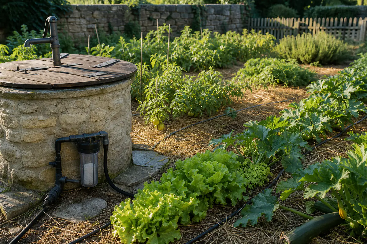 Vieux puits en pierre sécurisé alimentant par goutte-à-goutte des rangs de légumes dans un potager familial