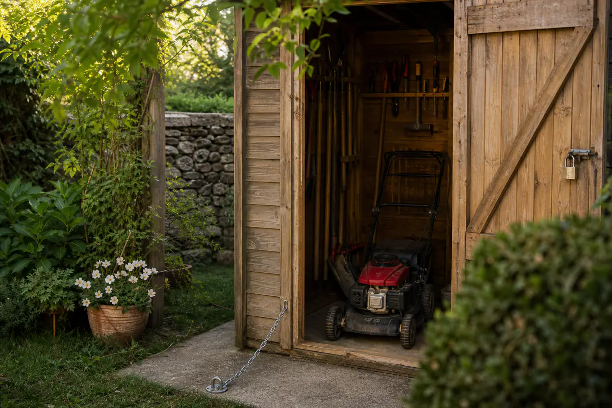 Cabanon de jardin en bois fermé par un cadenas renforcé, avec tondeuse et outils rangés à l’intérieur