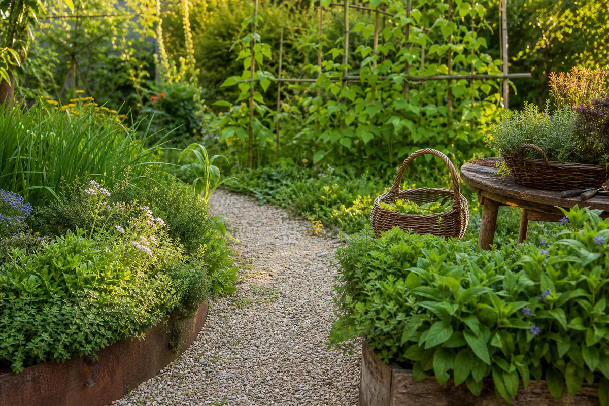 Jardin français sensoriel avec aromatiques, capucines, petit chemin et panier de récolte près d’une table extérieure