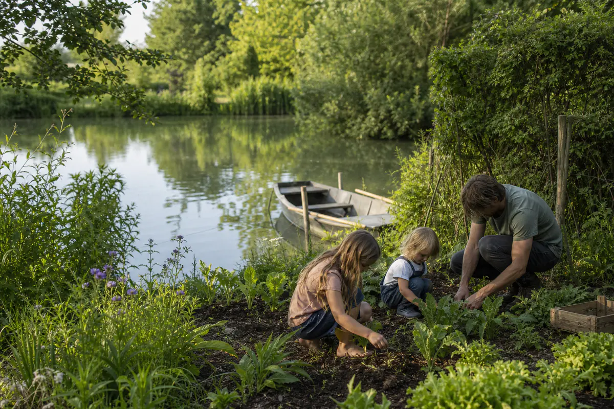 Famille jardinant près d’un potager paillé, avec une petite barque amarrée au bord d’un étang calme
