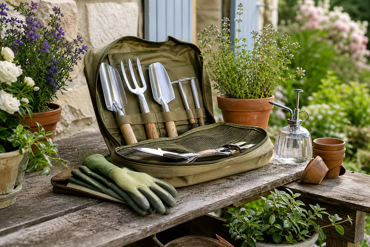 Kit de jardinage en aluminium posé sur un établi avec sac, gants et pulvérisateur près de plantes en pots