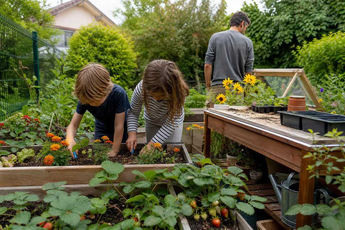 Enfants accompagnés jardinant dans des bacs potagers près d’un atelier nature et d’un coin d’observation