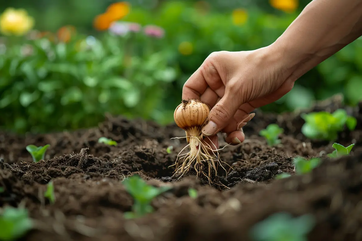 Main plantant des bulbes de tulipes à bonne profondeur dans un massif de terre souple au jardin