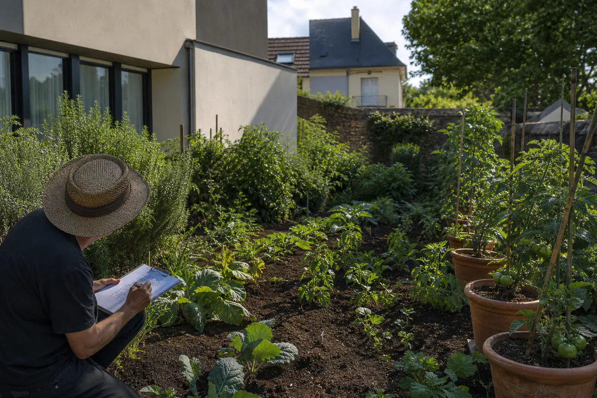 Jardin potager français partiellement ombragé par une extension voisine récente, avec tomates en bacs déplacés au soleil