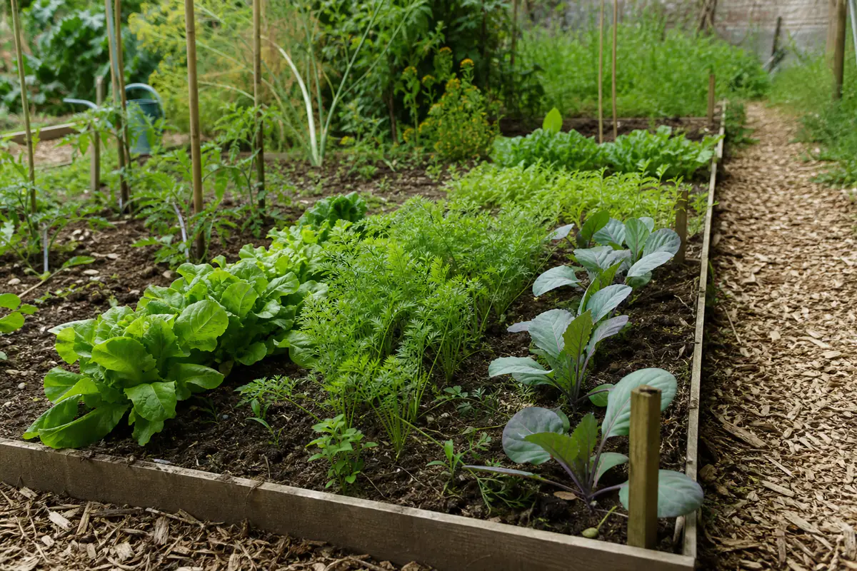 Planches permanentes de légumes séparées par des allées paillées dans un potager familial français