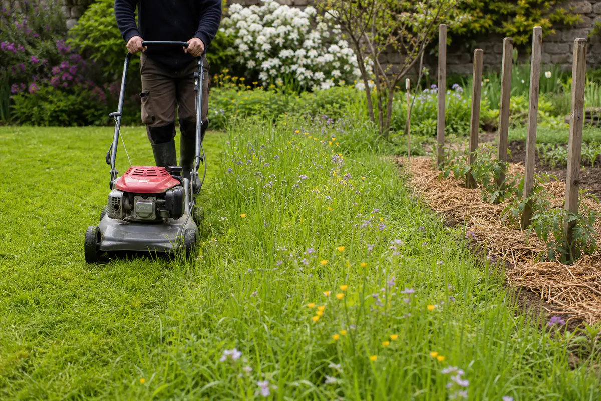 Jardinier tondant une pelouse haute avec des massifs paillés et de jeunes plants de légumes au début du printemps