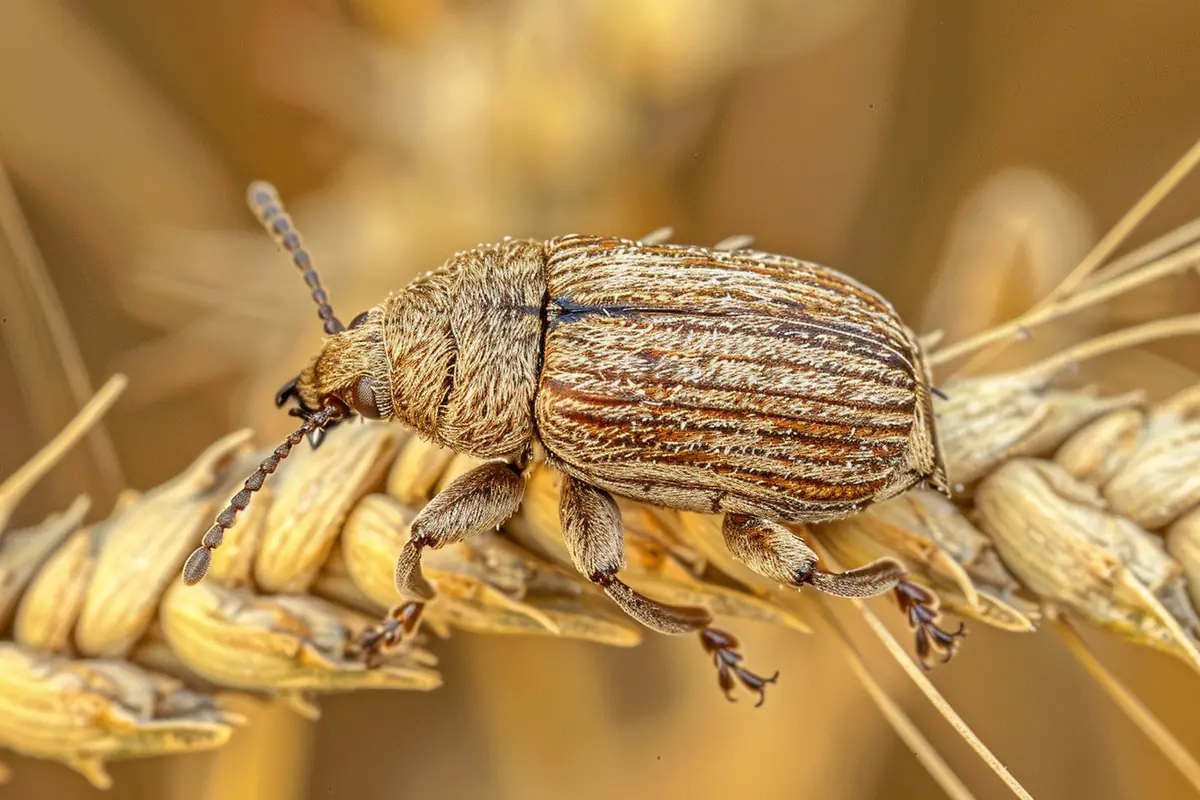 Punaise velue brun rougeâtre posée sur une feuille de haricot dans un potager familial en lumière naturelle