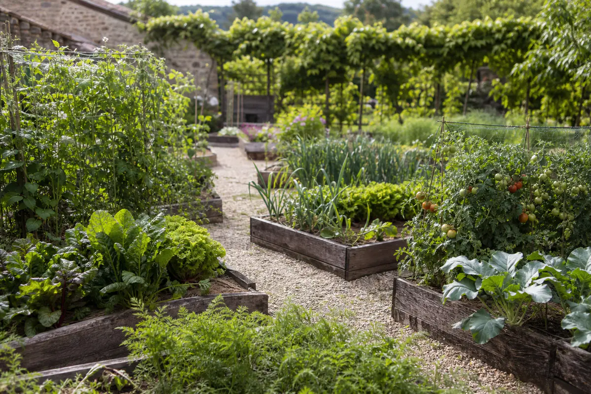 Potager français organisé en plusieurs planches distinctes avec différentes familles de légumes en rangs