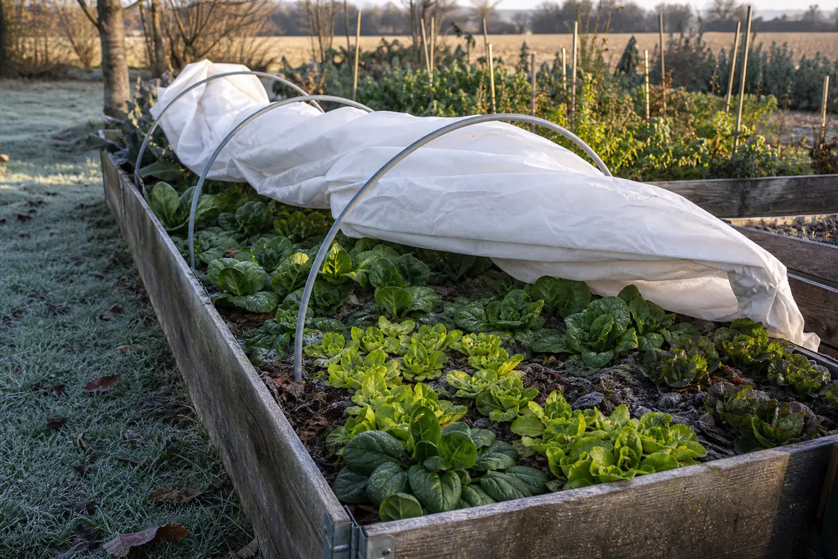 Potager surélevé en bois garni de mâche et d’épinards, protégé par un voile d’hivernage en hiver
