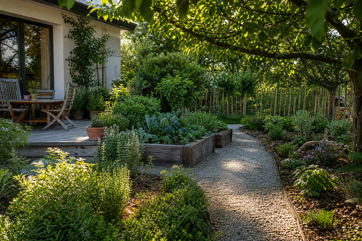 Jardin français aménagé avec intention, terrasse ombragée, potager proche et massifs paillés fleuris