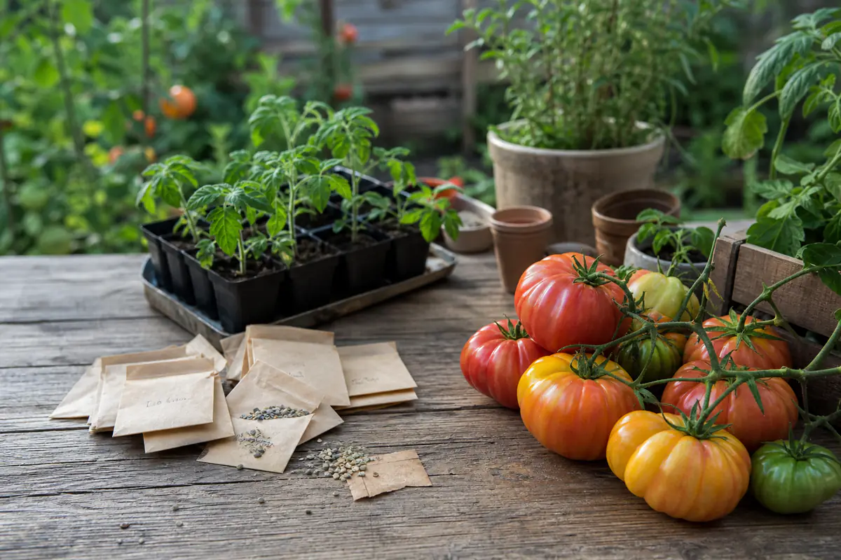 Graines de tomates étiquetées à côté de fruits mûrs et de jeunes plants dans un potager français.