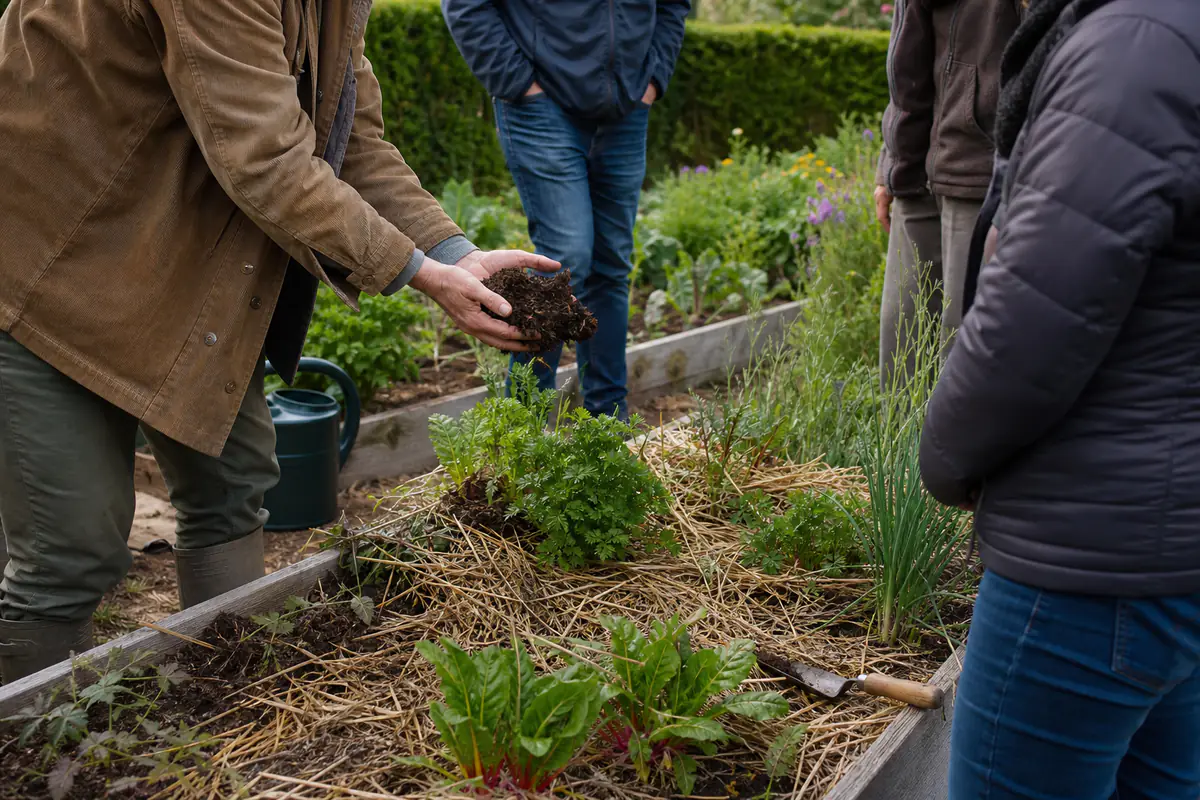 Participants réunis autour d’un potager paillé, observant le compost et les plantations dans un jardin français.