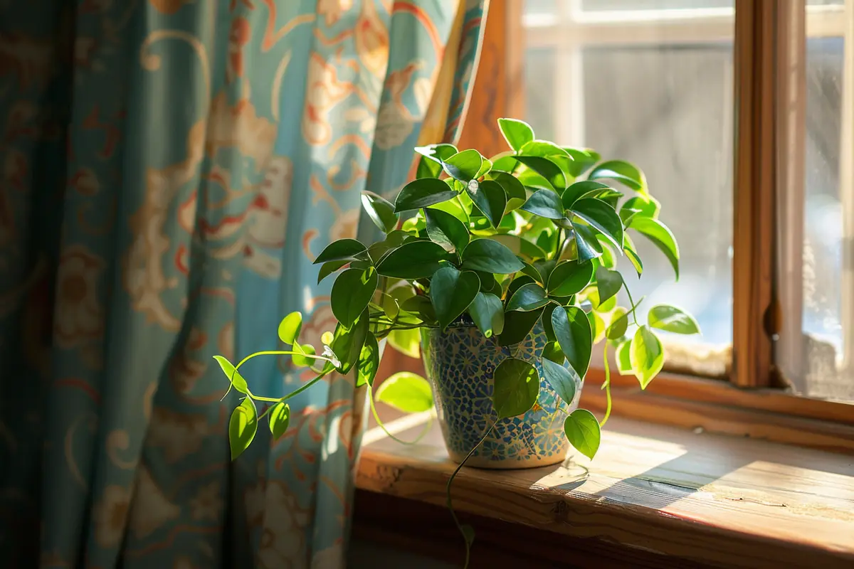 Main vérifiant l’humidité d’un pot de plante verte près d’une fenêtre lumineuse dans un appartement français