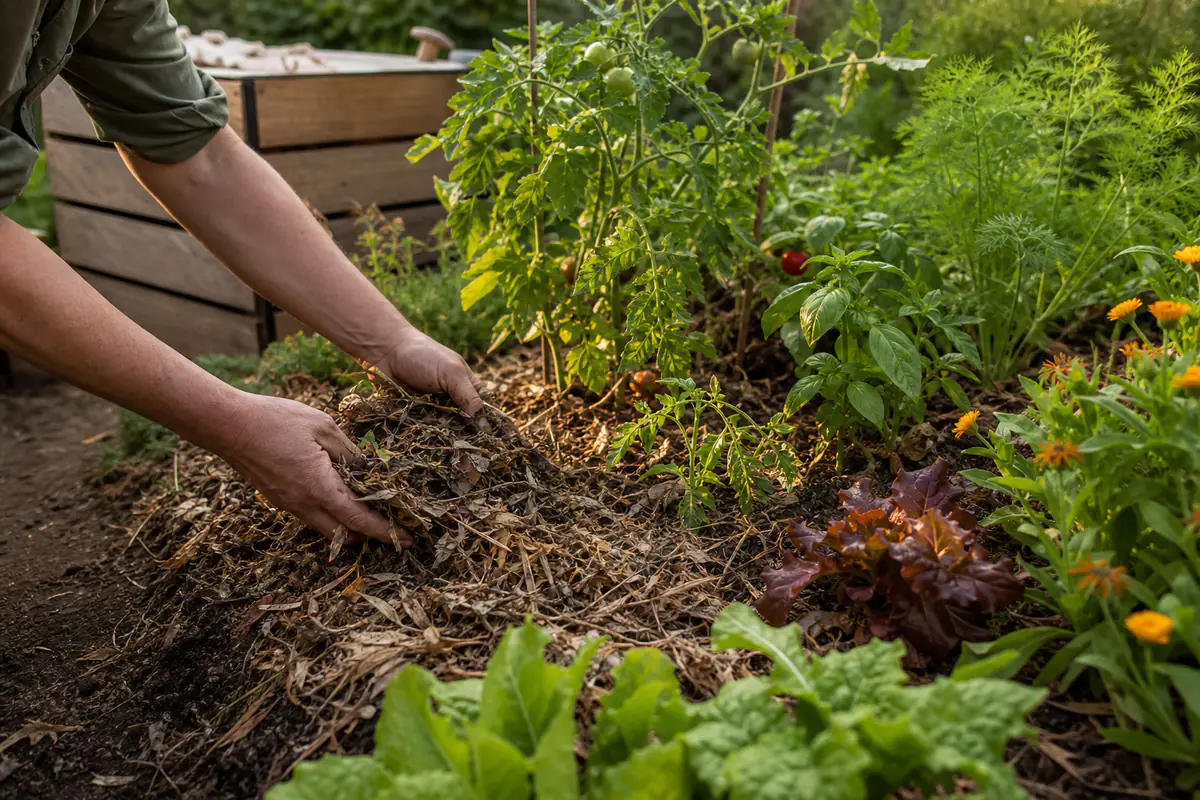 Potager français en fin de journée, sol paillé de feuilles et légumes associés autour d’un composteur en bois