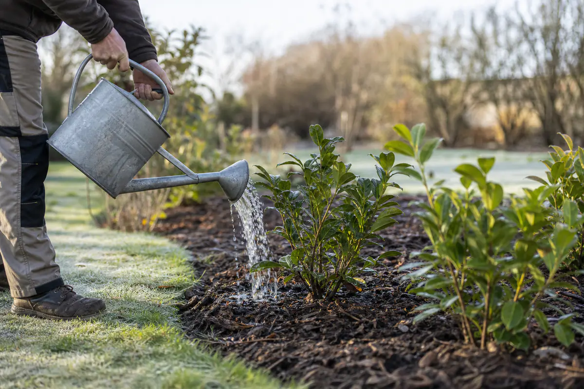 Jardinier arrosant au pied de jeunes arbustes un matin d’hiver, avant une gelée annoncée