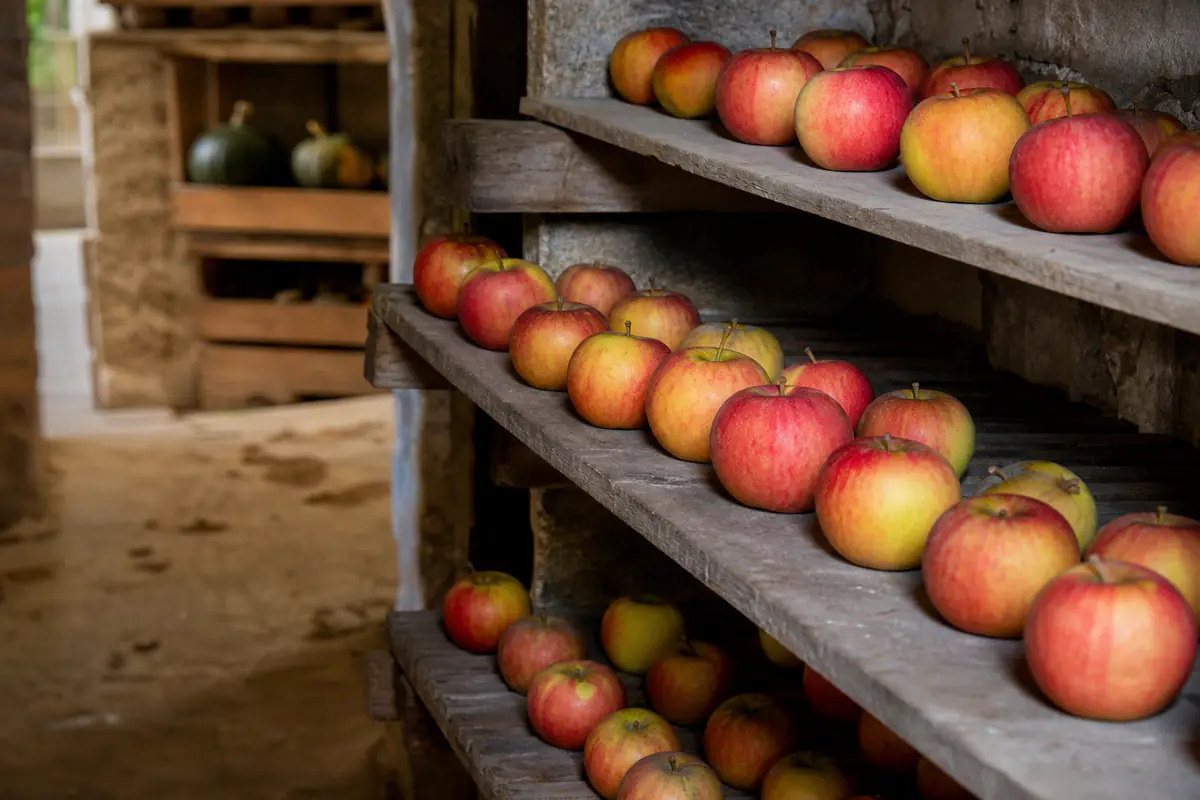 Pommes saines rangées en une seule couche sur des clayettes, séparées dans un cellier frais et sombre.