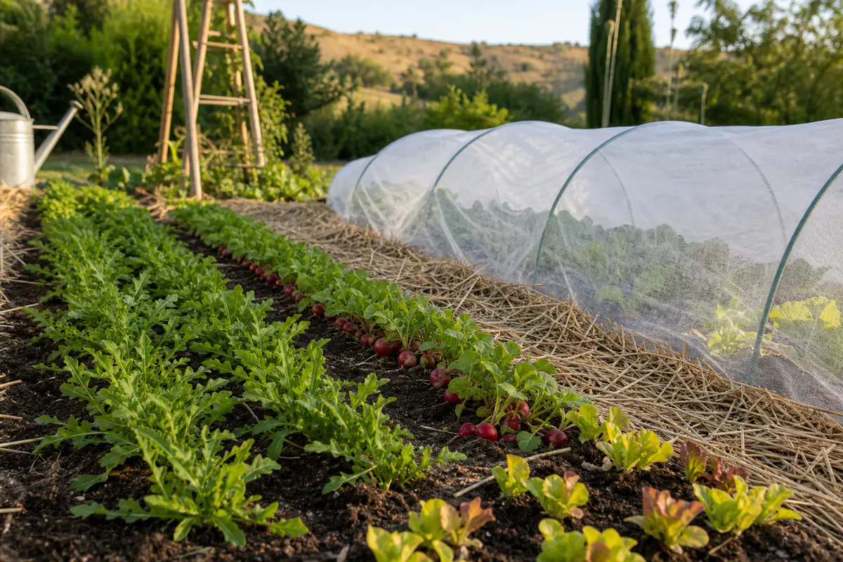 Potager sec en fin d’été avec rangs de roquette, radis et laitues sous voile léger près d’un paillage clair