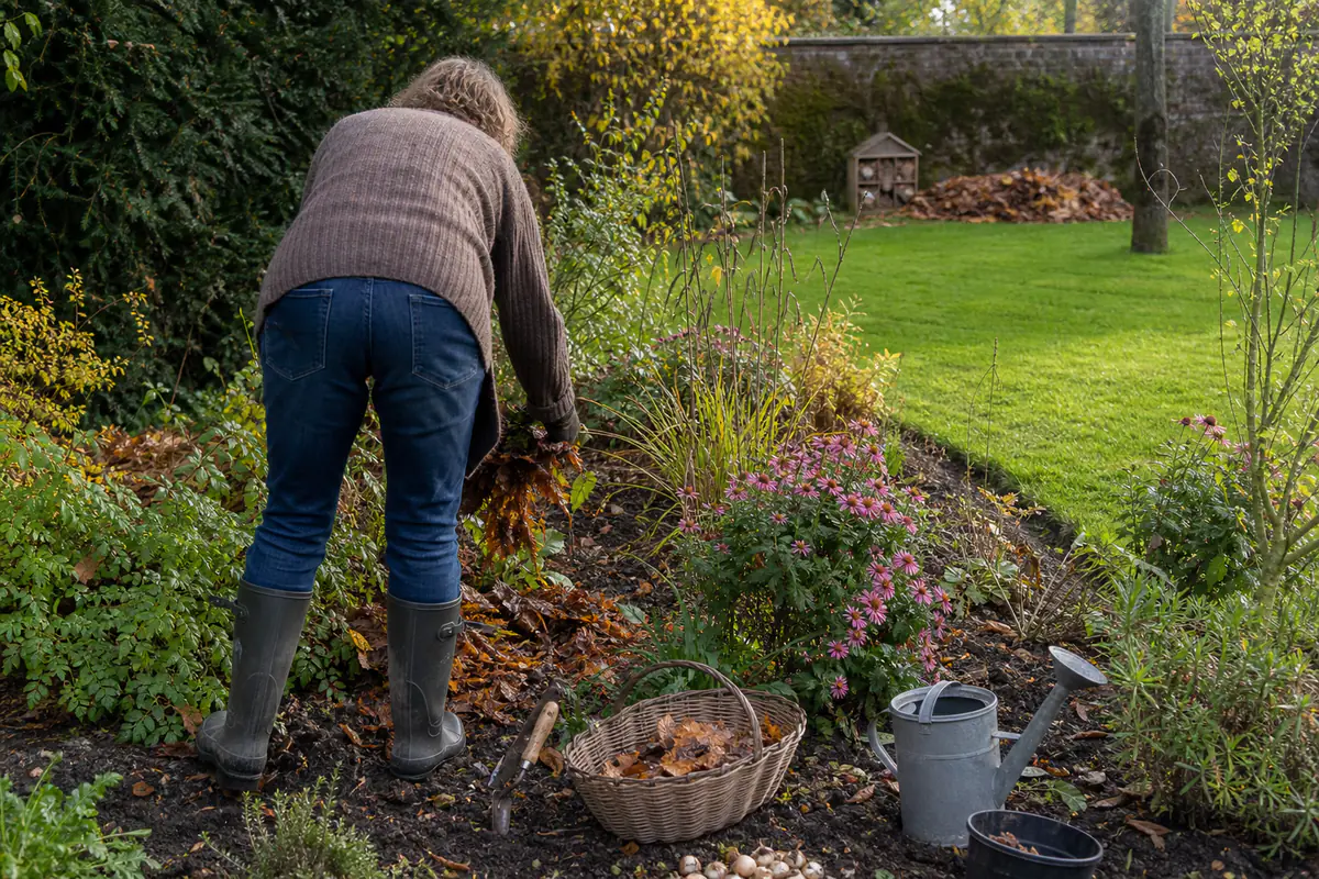 Jardin français en automne avec massifs paillés, feuilles ramassées et bulbes plantés près d’une pelouse