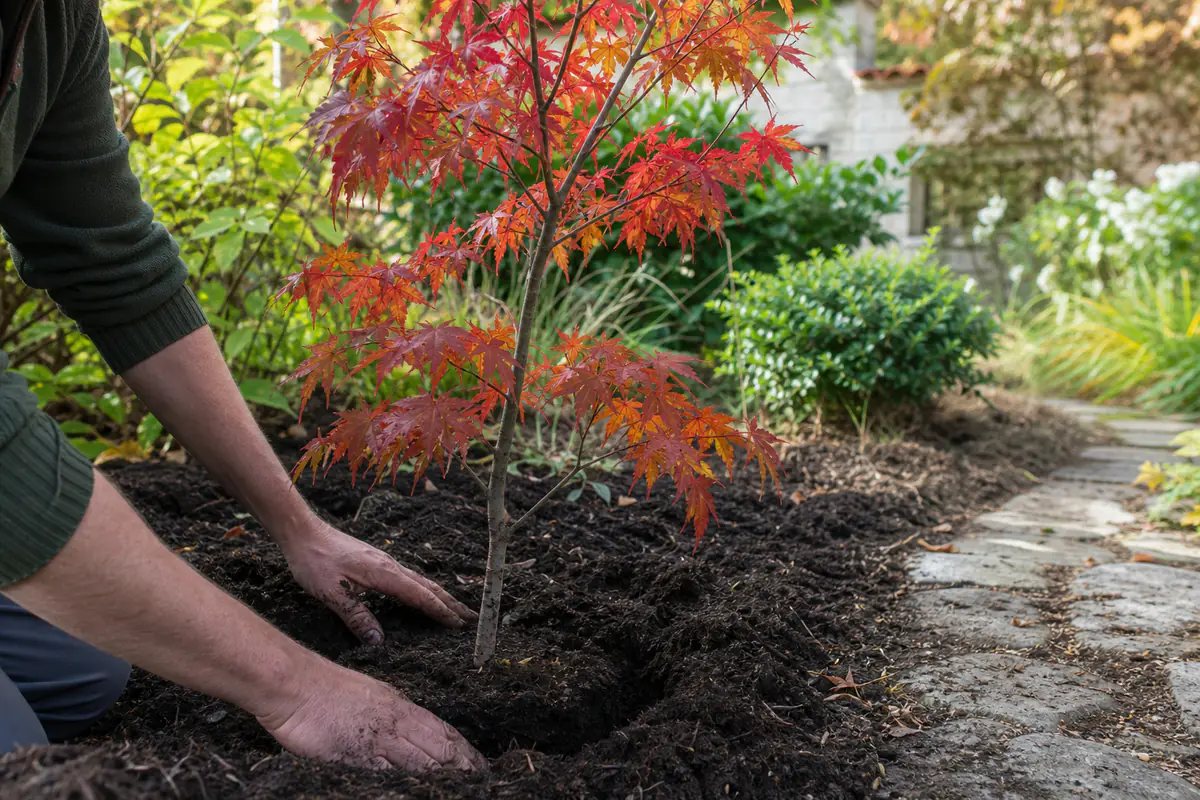 Jeune érable du Japon aux feuilles rouges planté dans un jardin français sous une douce lumière d’automne